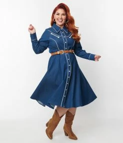 Unique Vintage Plus Size Denim Western Shirt Swing Dress Clothing