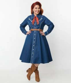 Unique Vintage Plus Size Denim Western Shirt Swing Dress Clothing