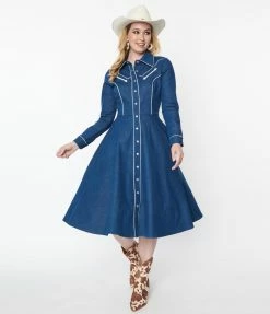 Unique Vintage Denim Western Shirt Swing Dress Clothing
