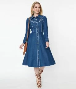 Unique Vintage Denim Western Shirt Swing Dress Clothing