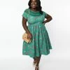 Clothing Unique Vintage Plus Size Green Floral Argyle Flare Dress