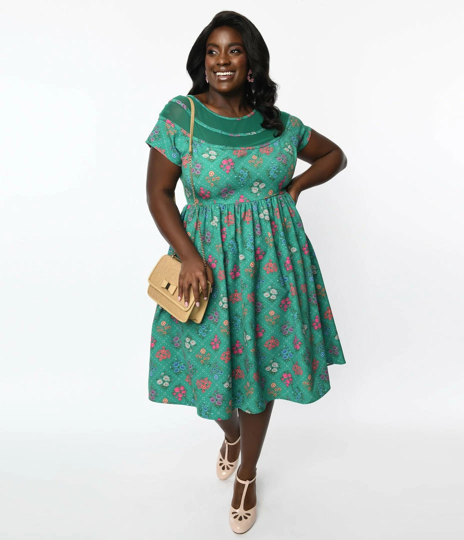 Clothing Unique Vintage Plus Size Green Floral Argyle Flare Dress