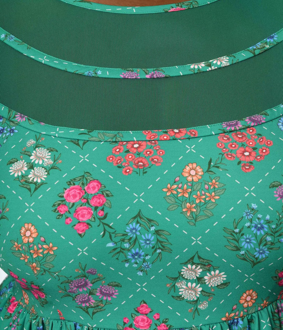 Clothing Unique Vintage Plus Size Green Floral Argyle Flare Dress