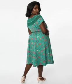 Clothing Unique Vintage Plus Size Green Floral Argyle Flare Dress