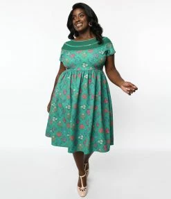 Clothing Unique Vintage Plus Size Green Floral Argyle Flare Dress