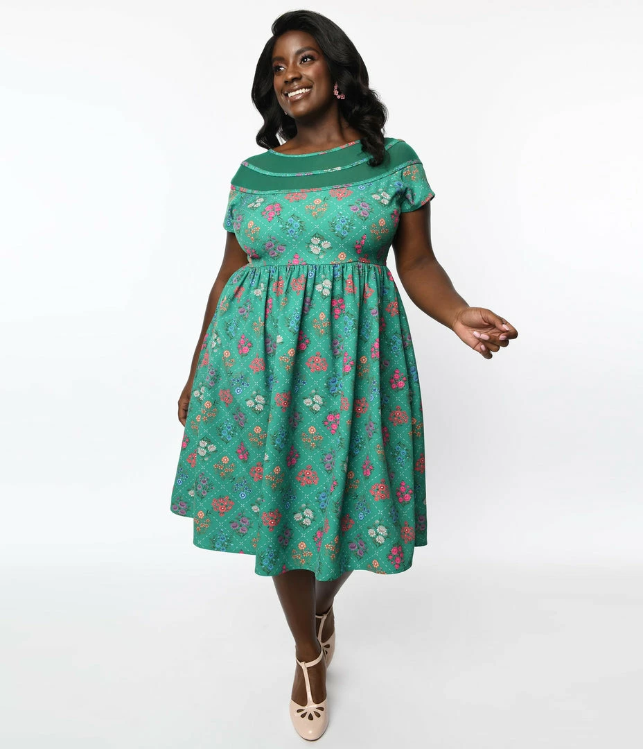 Clothing Unique Vintage Plus Size Green Floral Argyle Flare Dress