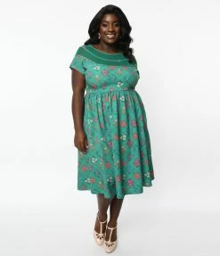 Clothing Unique Vintage Plus Size Green Floral Argyle Flare Dress