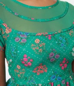 Unique Vintage Green Floral Argyle Flare Dress