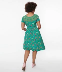 Unique Vintage Green Floral Argyle Flare Dress