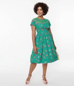 Unique Vintage Green Floral Argyle Flare Dress