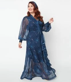 Clothing Unique Vintage Plus Size Navy & Golden Galaxy Neck Tie Maxi Dress