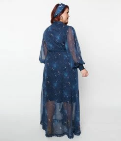 Clothing Unique Vintage Plus Size Navy & Golden Galaxy Neck Tie Maxi Dress