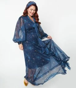 Clothing Unique Vintage Plus Size Navy & Golden Galaxy Neck Tie Maxi Dress
