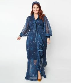 Clothing Unique Vintage Plus Size Navy & Golden Galaxy Neck Tie Maxi Dress