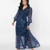 Unique Vintage Navy & Golden Galaxy Neck Tie Maxi Dress Clothing