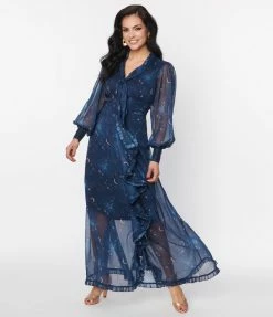 Unique Vintage Navy & Golden Galaxy Neck Tie Maxi Dress Clothing