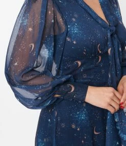 Unique Vintage Navy & Golden Galaxy Neck Tie Maxi Dress Clothing