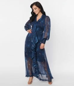 Unique Vintage Navy & Golden Galaxy Neck Tie Maxi Dress Clothing