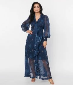 Unique Vintage Navy & Golden Galaxy Neck Tie Maxi Dress Clothing