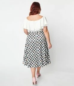 Unique Vintage Plus Size Black & White Gingham Floral Swing Dress