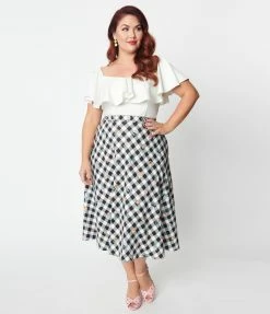 Unique Vintage Plus Size Black & White Gingham Floral Swing Dress