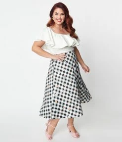 Unique Vintage Plus Size Black & White Gingham Floral Swing Dress