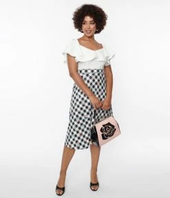 Clothing Unique Vintage Black & White Gingham Floral Swing Dress