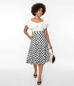 Clothing Unique Vintage Black & White Gingham Floral Swing Dress