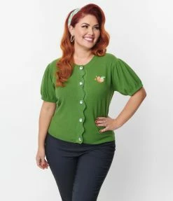 Unique Vintage Plus Size Green & Peach Cardigan Clothing
