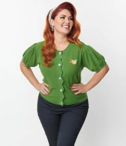 Unique Vintage Plus Size Green & Peach Cardigan Clothing