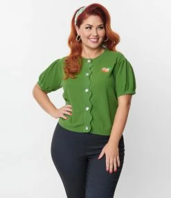 Unique Vintage Plus Size Green & Peach Cardigan Clothing