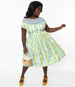Clothing Unique Vintage Plus Size Mint & Lemon Print Flare Dress