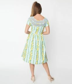 Clothing Unique Vintage Mint & Lemon Print Flare Dress