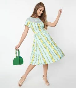 Clothing Unique Vintage Mint & Lemon Print Flare Dress