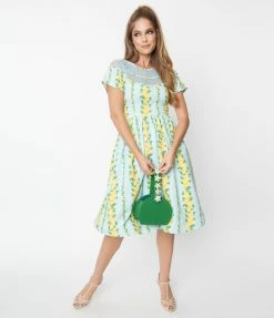 Clothing Unique Vintage Mint & Lemon Print Flare Dress