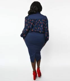 Clothing Unique Vintage Plus Size Navy & Cherry Print Wiggle Dress