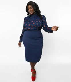 Clothing Unique Vintage Plus Size Navy & Cherry Print Wiggle Dress