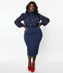 Clothing Unique Vintage Plus Size Navy & Cherry Print Wiggle Dress