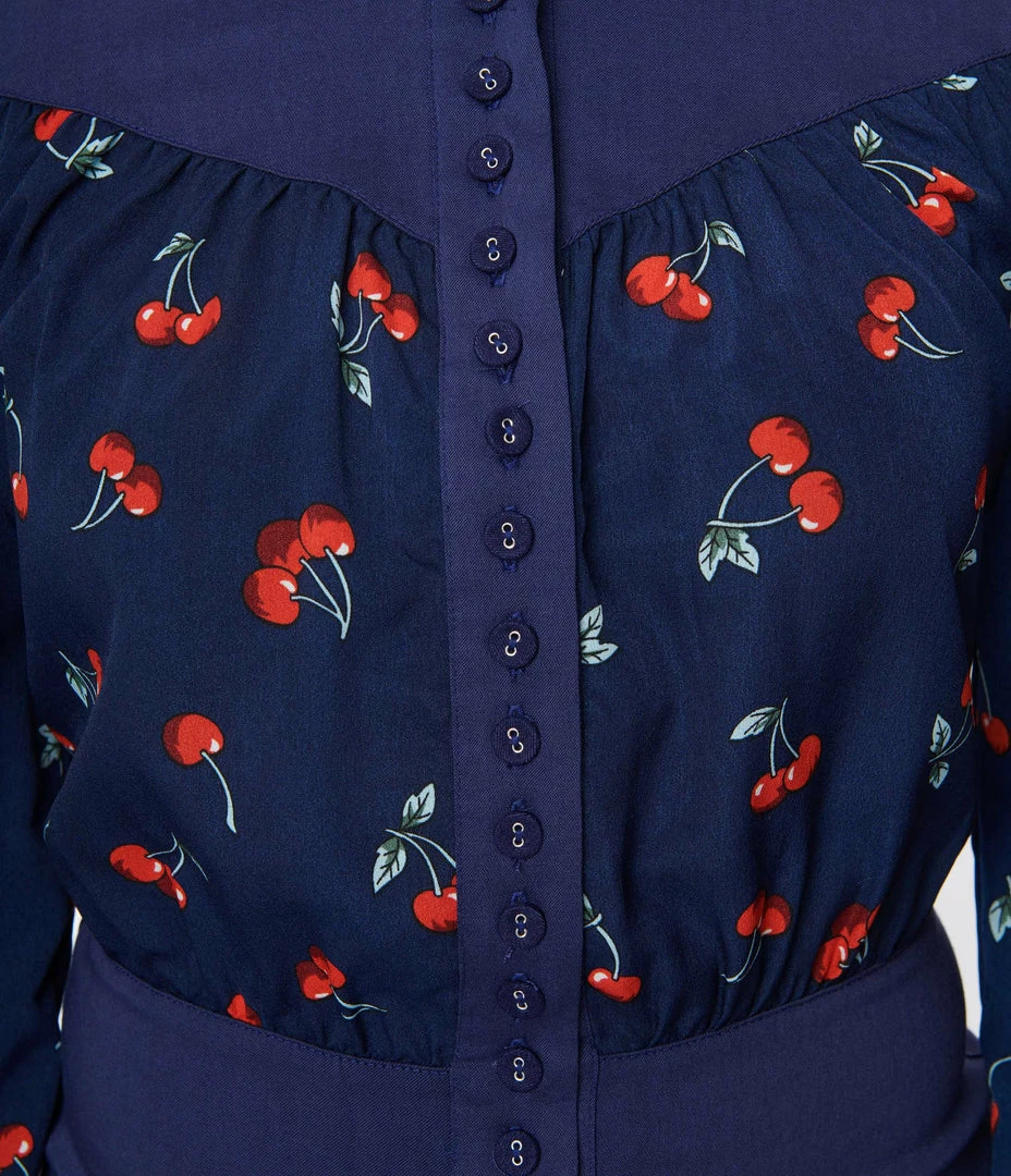 Unique Vintage Navy & Cherry Print Wiggle Dress Clothing