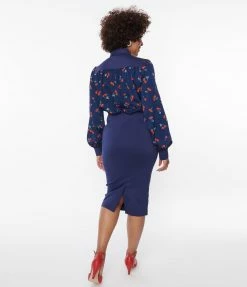Unique Vintage Navy & Cherry Print Wiggle Dress Clothing