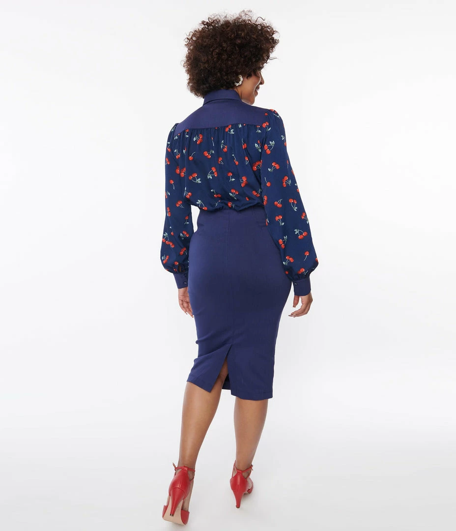 Unique Vintage Navy & Cherry Print Wiggle Dress Clothing