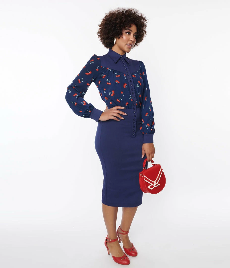 Unique Vintage Navy & Cherry Print Wiggle Dress Clothing