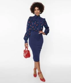 Unique Vintage Navy & Cherry Print Wiggle Dress Clothing