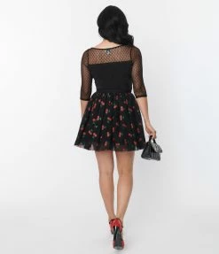 Unique Vintage Black & Red Cherry Sweetie Pie Flare Skirt Clothing