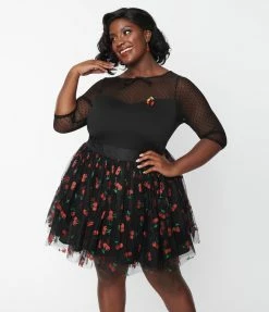 Clothing Unique Vintage Plus Size Black & Red Cherry Sweetie Pie Flare Skirt