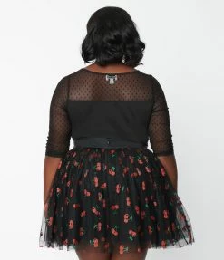 Unique Vintage Plus Size Black & Swiss Dot Illusion Neck Top