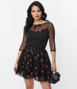 Clothing Unique Vintage Black & Swiss Dot Illusion Neck Top