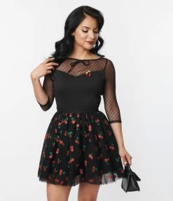 Clothing Unique Vintage Black & Swiss Dot Illusion Neck Top