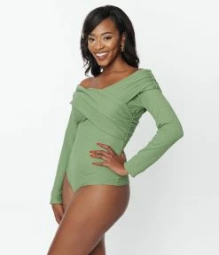 Unique Vintage Green Textured Knit Saturday Night Bodysuit
