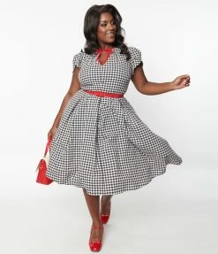 Clothing Unique Vintage Plus Size Black & Ivory Gingham Dahlia Swing Dress